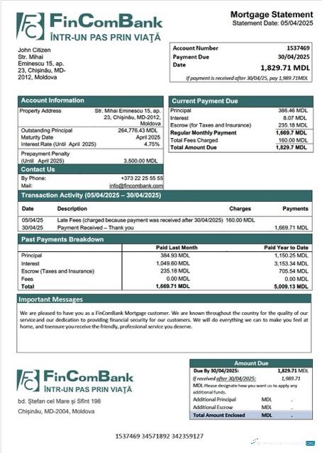 Download Moldova FinComBank mortgage statement Word and PDF template Photoshop template